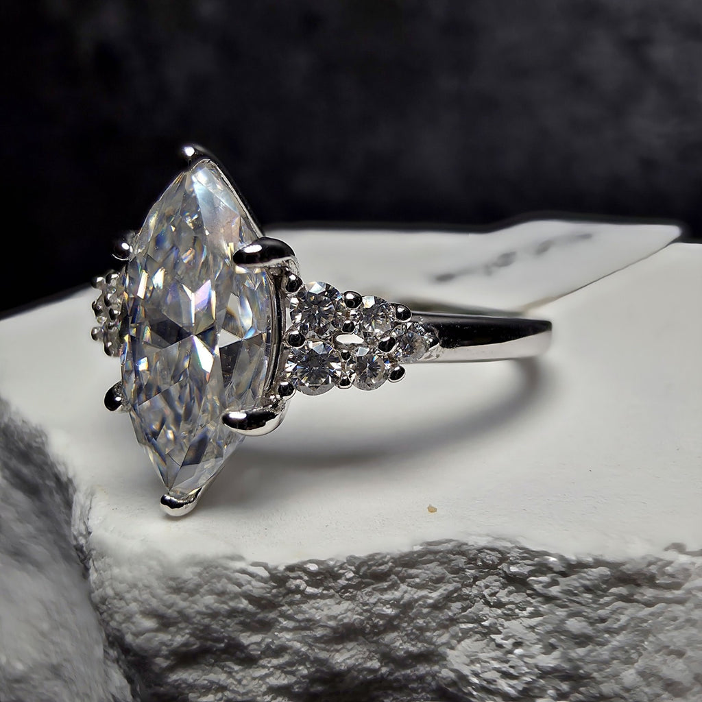 1.68Ctw D Color VVS1 Marquise Moissanite Solitaire Ring with Accents | Size 7
