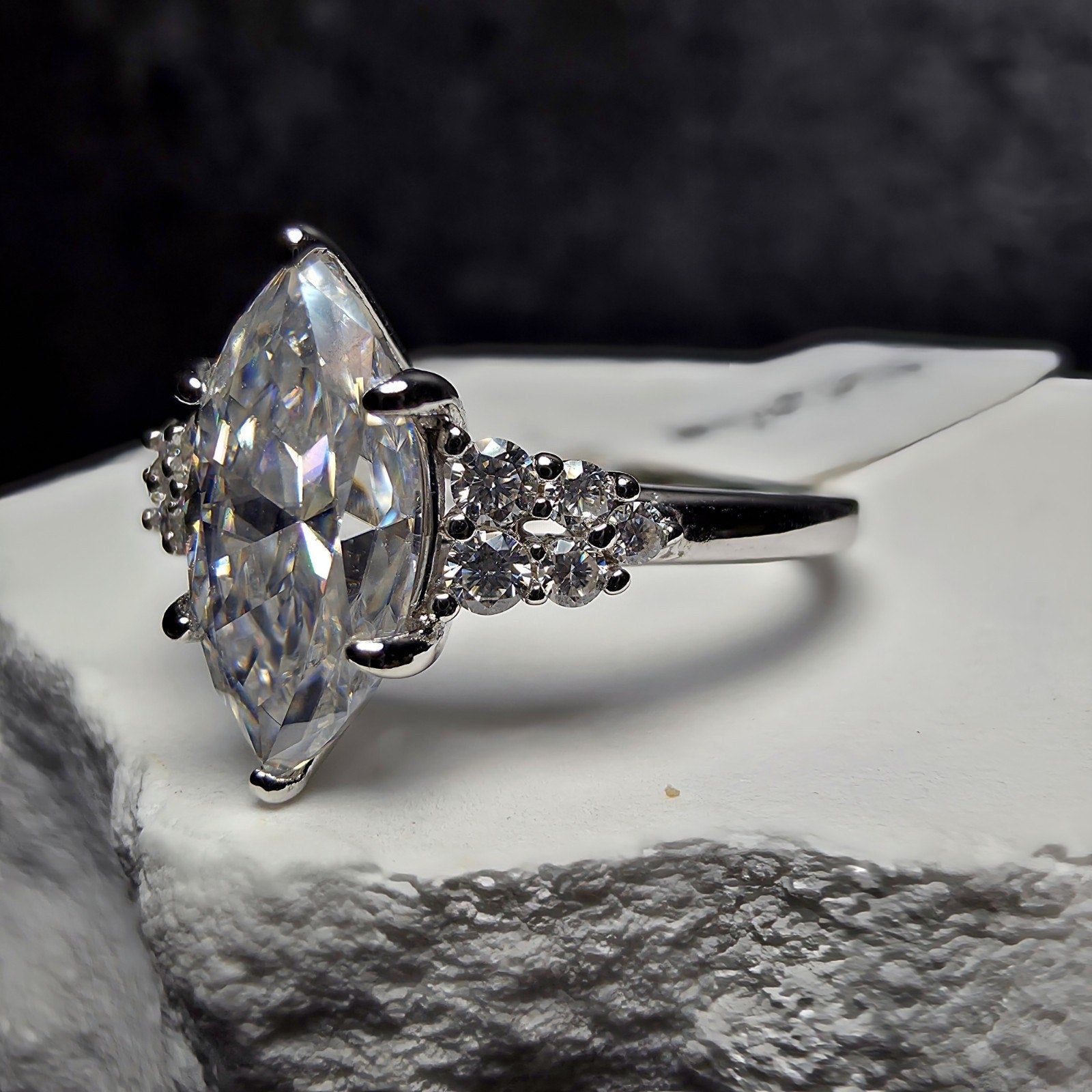 1.68Ctw D Color VVS1 Marquise Moissanite Solitaire Ring with Accents | Size 7