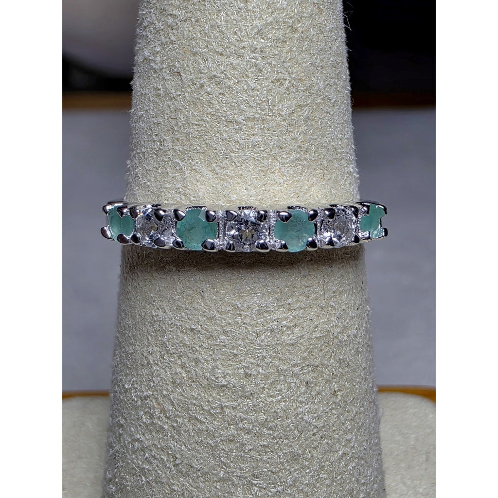 S7 Natural Emerald & 0.46ctw Moissanite Half Eternity Band 925 Sterling Silver
