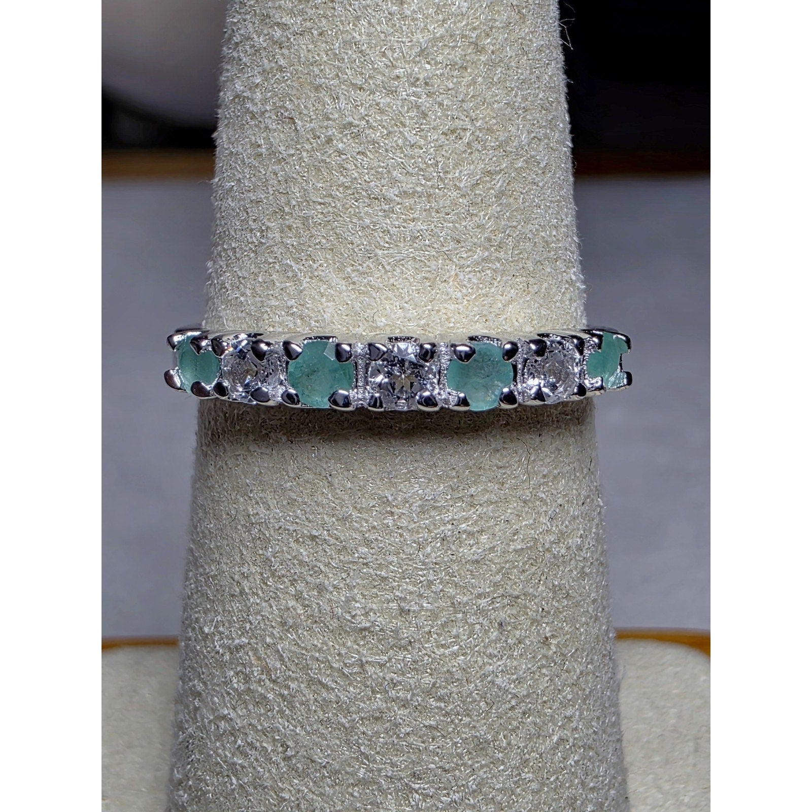 S7 Natural Emerald & 0.46ctw Moissanite Half Eternity Band 925 Sterling Silver