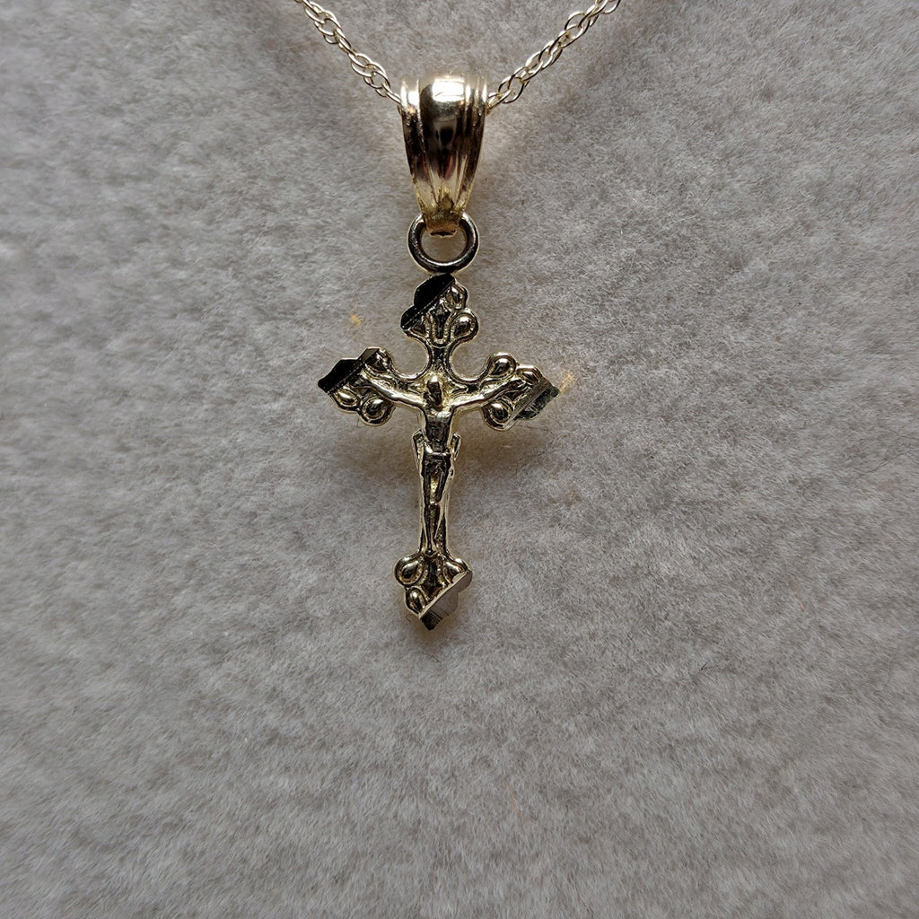 10K Solid Gold Dainty Crucifix Pendant w/10k 16" Singapore Necklace