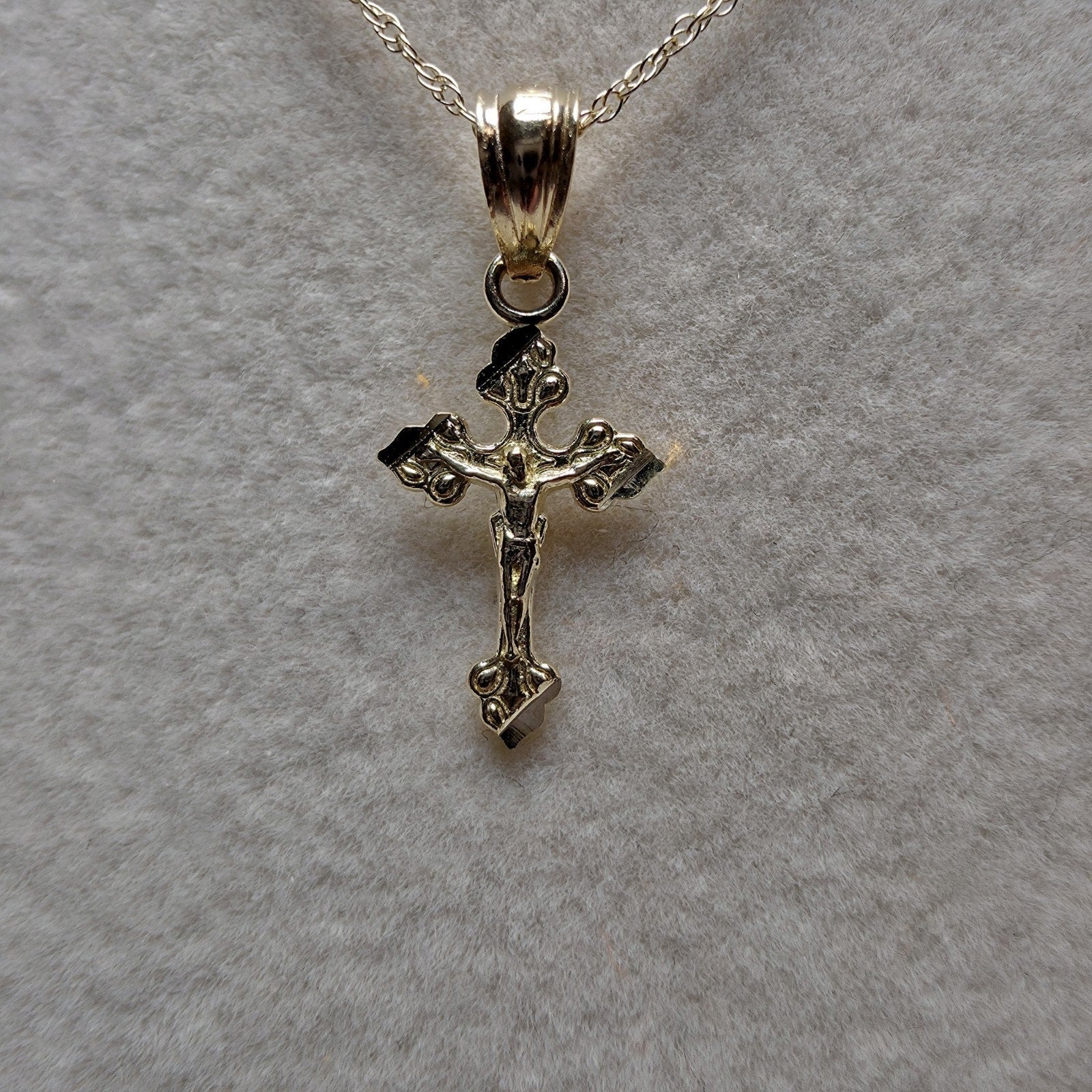 10K Solid Gold Dainty Crucifix Pendant w/10k 16" Singapore Necklace