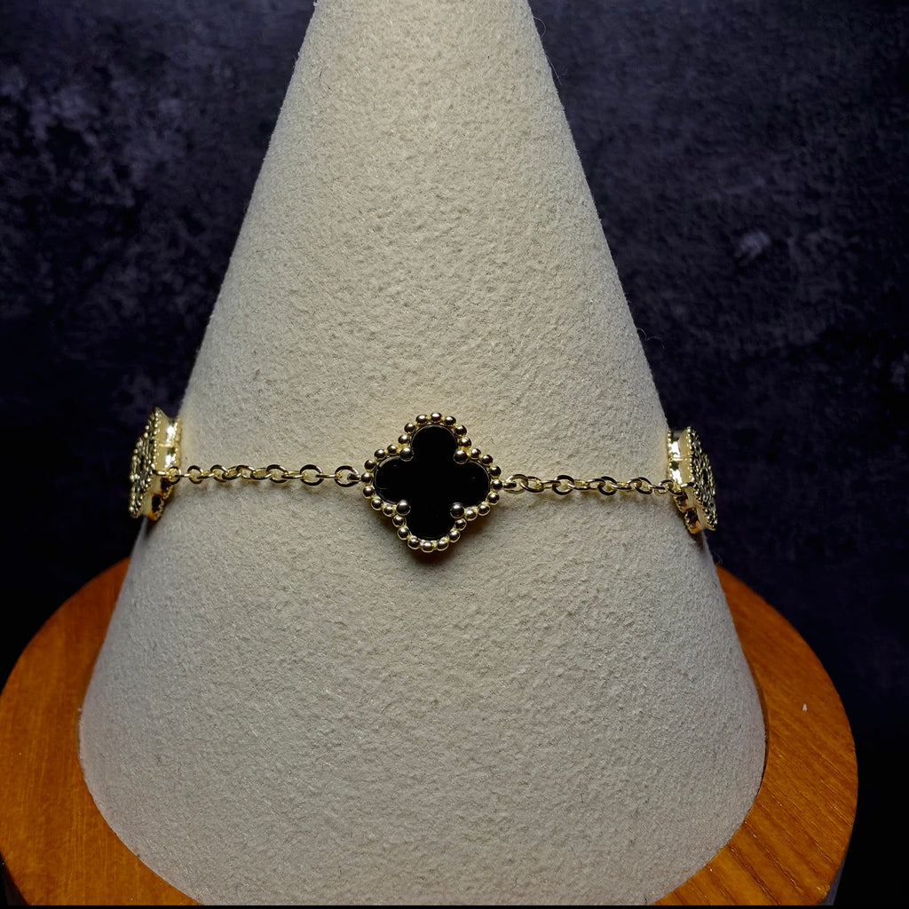 7+1" Gold Over Sterling Silver Onyx & CZ Clover Station Bracelet