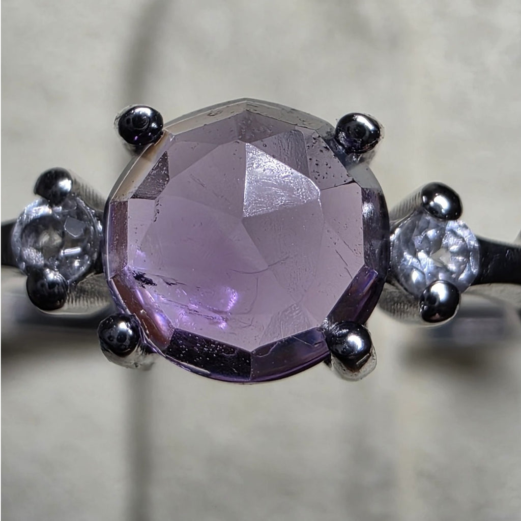 Size 7 Natural Amethyst & White Topaz 925 Sterling Silver Dainty Ring