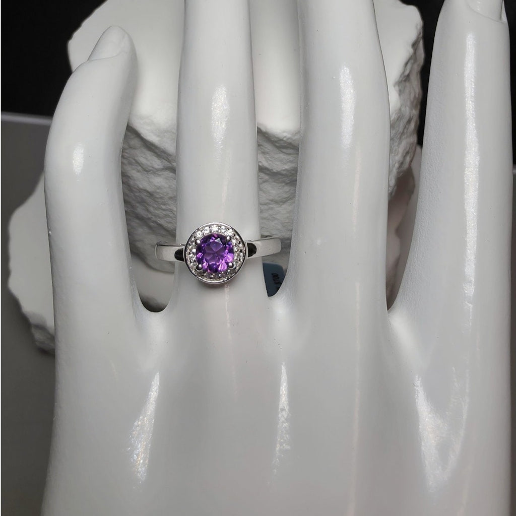 Size 6.5 Natural Amethyst & 0.52ctw Moissanite Halo Ring 925 Sterling Silver