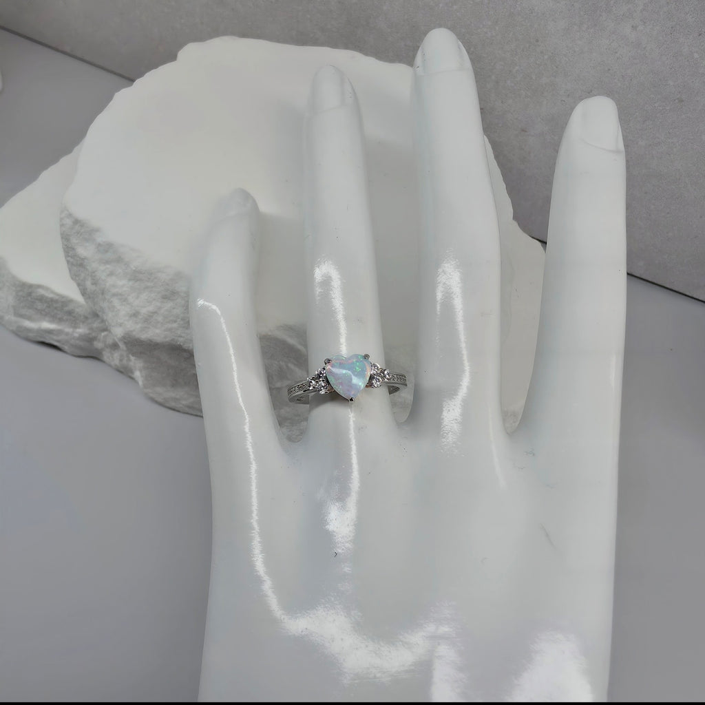 925 Sterling Silver Lab Opal Heart Ring with CZ Accents – Size 7