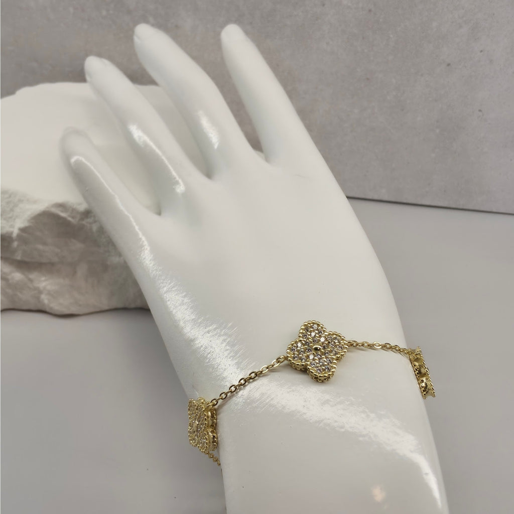 7+1" 12mm Pave Large Five-Motif Clover Bracelet Gold Plated 925 Silver