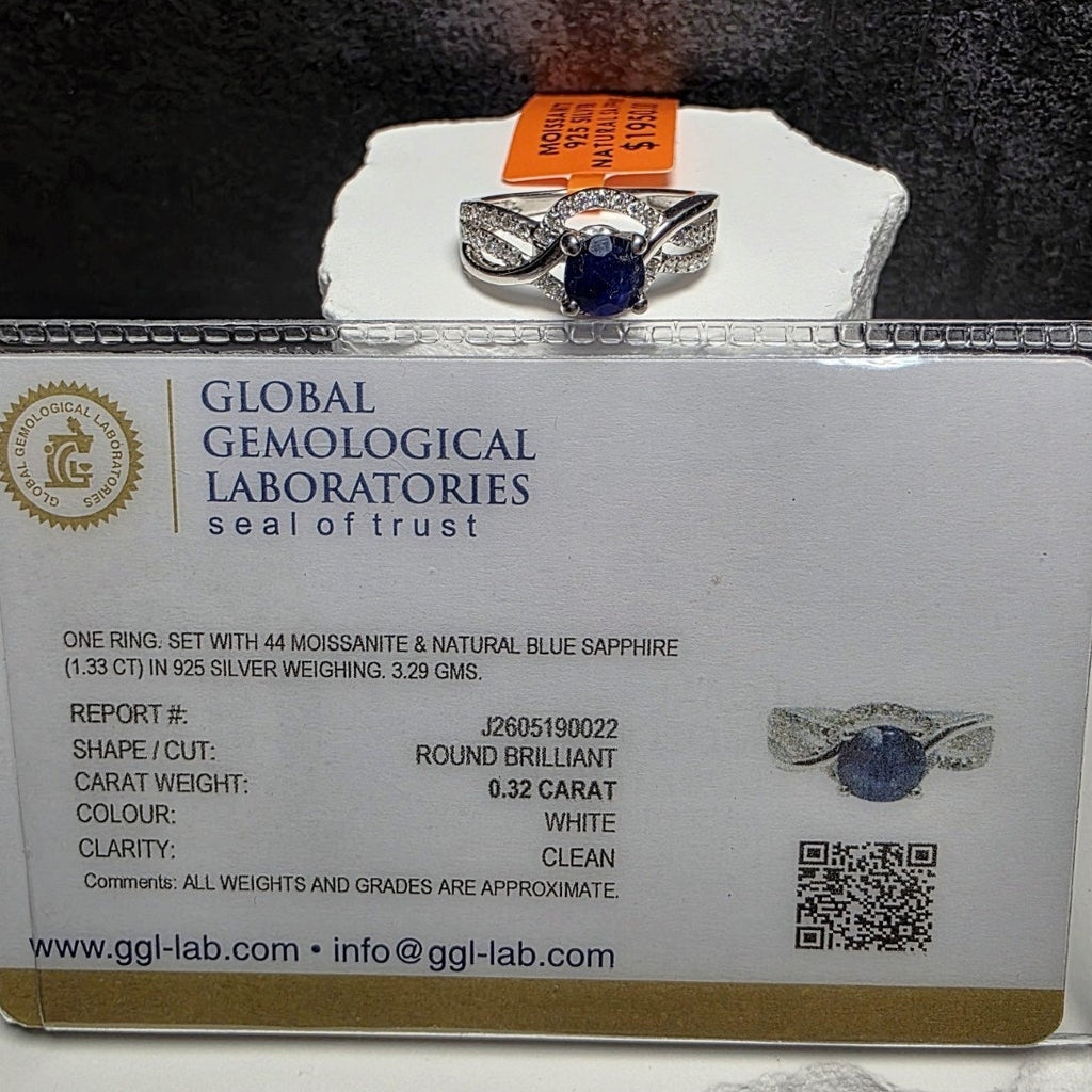 Size 7 1.33ct Natural Sapphire & Moissanite Ring 925 Silver GGL Certified