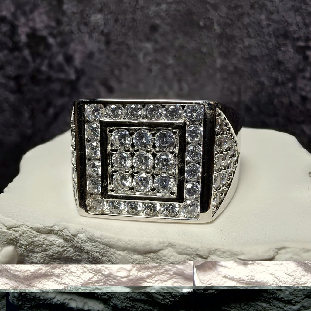 Men's 925 Sterling Silver Cubic Zirconia Square Signet Ring - Size 11
