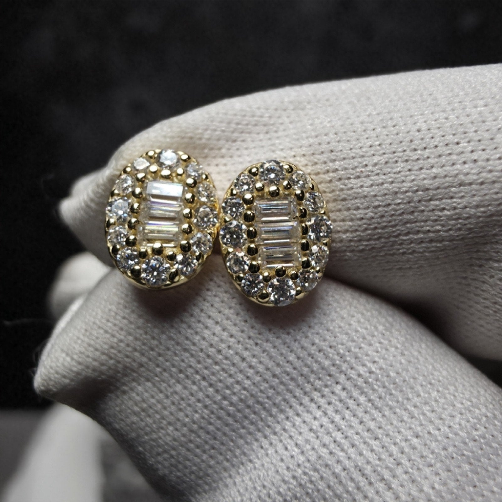 0.54 ctw Oval Baguette Moissanite Halo Stud Earrings in Gold-Plated Sterling...