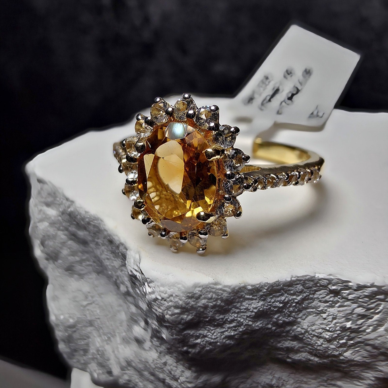 1.09 CT Oval Natural Citrine & White Topaz Halo Ring in Gold over Silver Size 7
