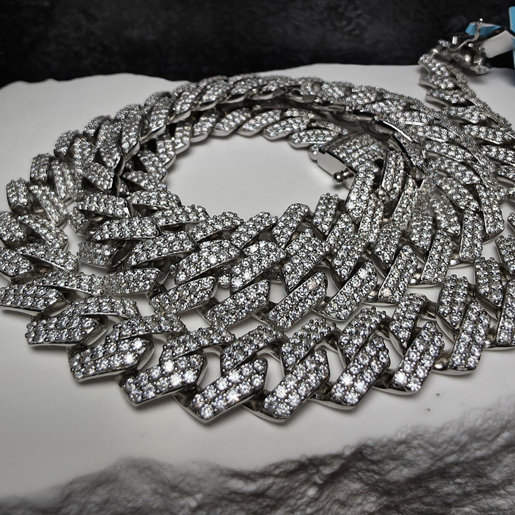 22" 10.4mm VVS D Moissanite Monaco Cuban Chain 18.86 CTTW 96g Solid 925 Silver