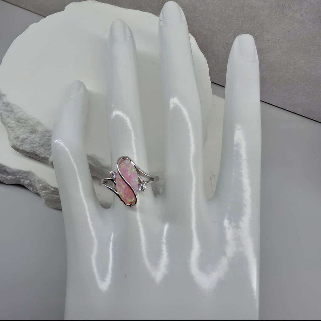 Size 7 Marquise Pink Fire Opal Ribbon Bypass Ring in Solid 925 Sterling Silver