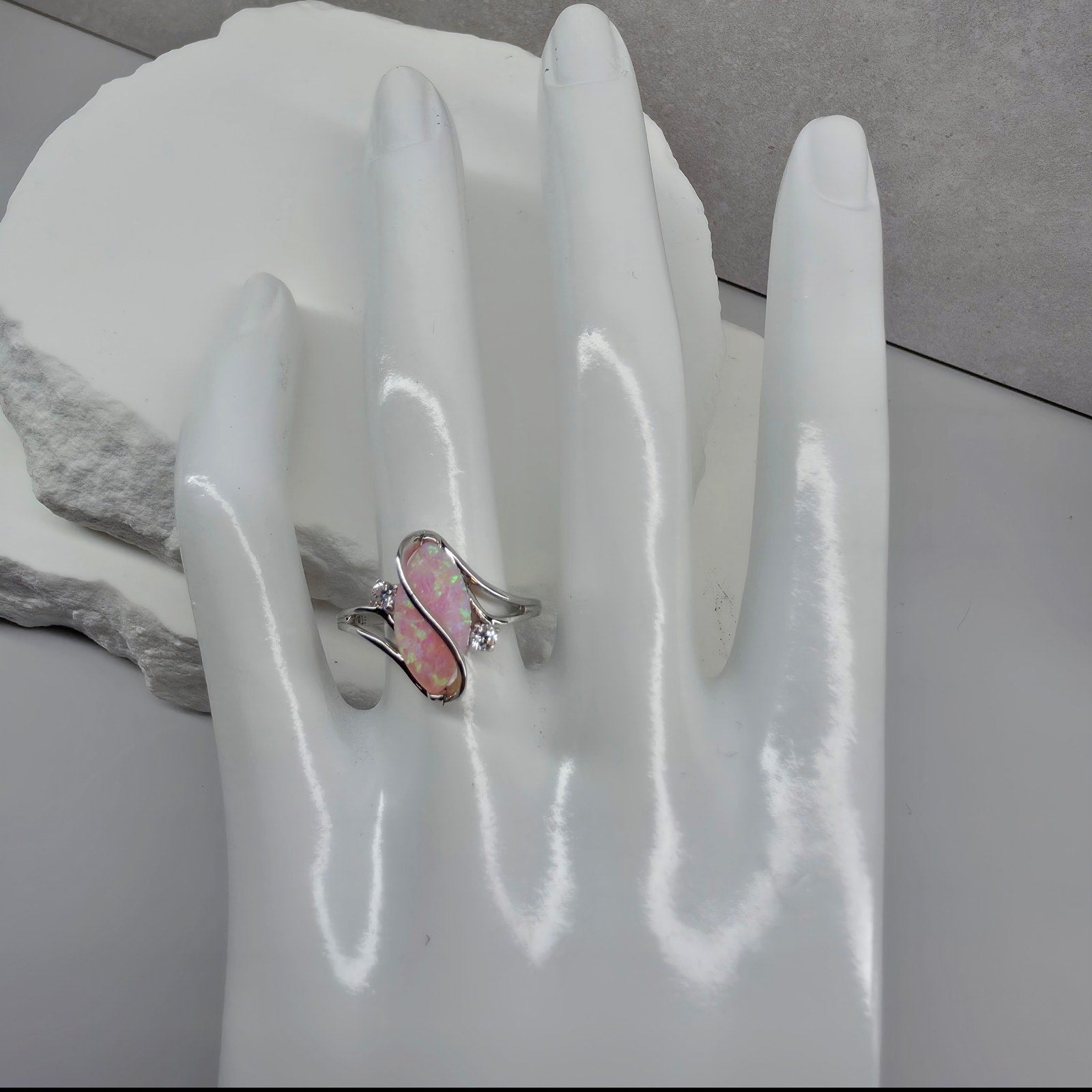 Size 7 Marquise Pink Fire Opal Ribbon Bypass Ring in Solid 925 Sterling Silver
