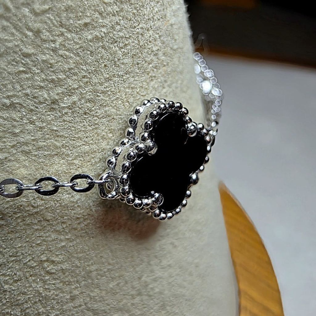 7+1" Black Onyx Station 5-Clover Bracelet Solid 925 Sterling Silver