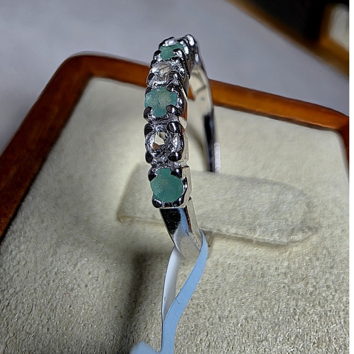 Size 7 Natural Emerald & 0.46ctw Moissanite Half Eternity Band 925 Silver Ring