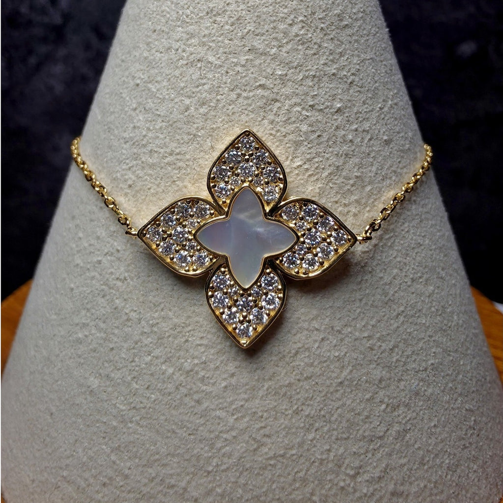 1.08 CTW Moissanite & Mother of Pearl Floral Bracelet in Gold Over Silver
