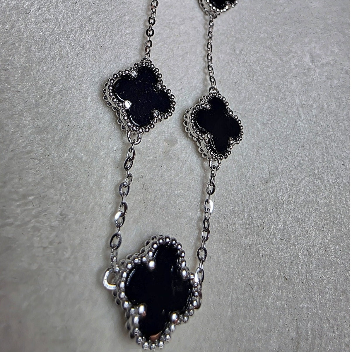 7+1" Black Onyx Station 5-Clover Bracelet Solid 925 Sterling Silver
