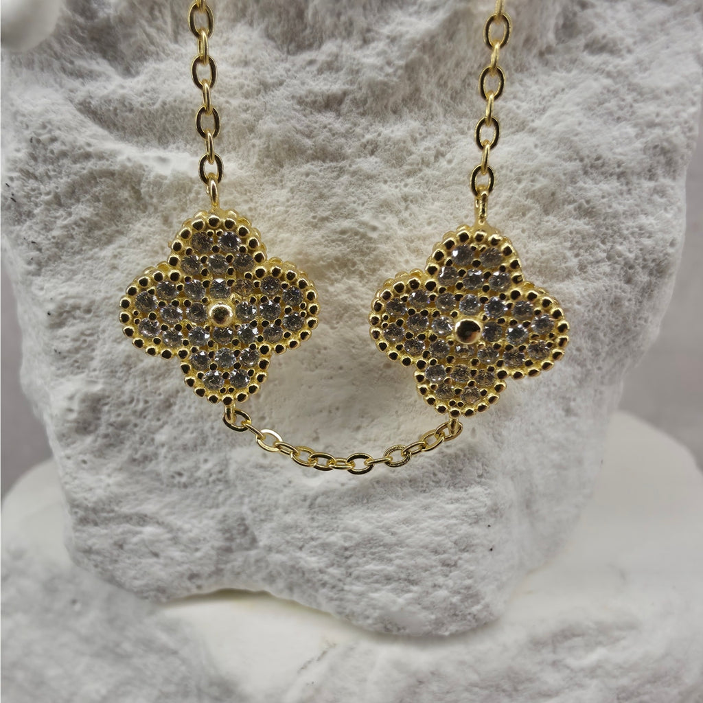 7+1" 12mm Pave Large Five-Motif Clover Bracelet Gold Plated 925 Silver