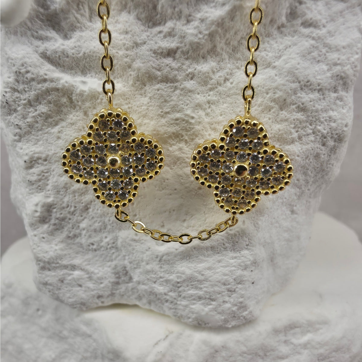 7+1" 12mm Pave Large Five-Motif Clover Bracelet Gold Plated 925 Silver