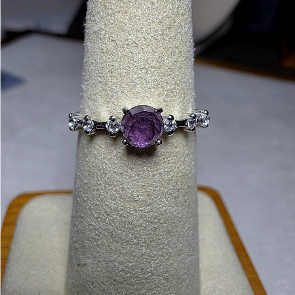 Size 7 Natural Amethyst & White Topaz 925 Sterling Silver Dainty Ring