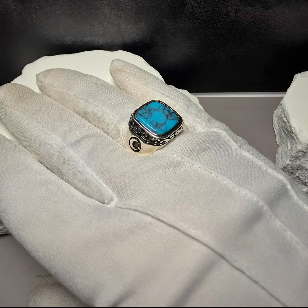 925 Sterling Silver Turquoise Signet Men's Ring – Crescent & Star Motif (Size 12.5)