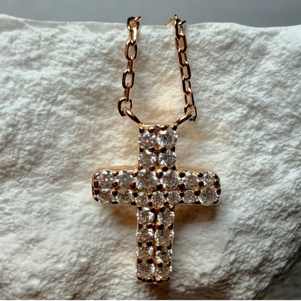 16+1" 0.25ctw VVS Moissanite Rose Gold Cross Necklace 925 Sterling Silver