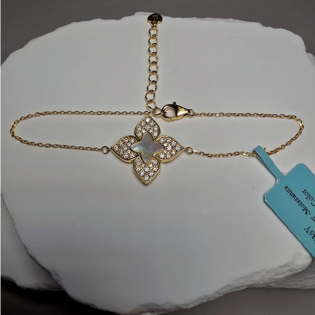 1.08 CTW Moissanite & Mother of Pearl Floral Bracelet in Gold Over Silver