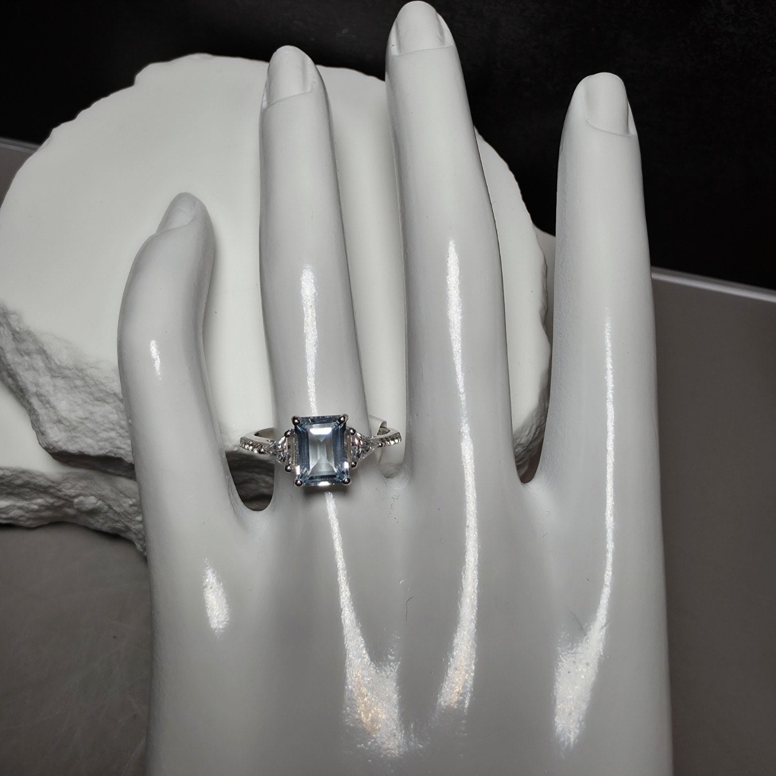 Natural Aquamarine Ring 1.85CT Emerald Cut with Moissanite & White Topaz Size 8