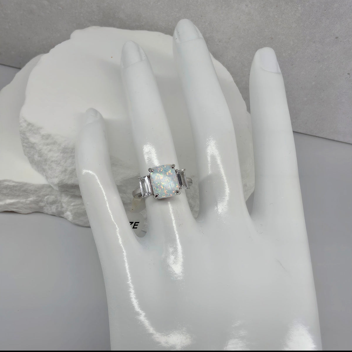 Size 6 White Fire Opal w/CZ Baguette Accents Ring 925 Sterling Silver