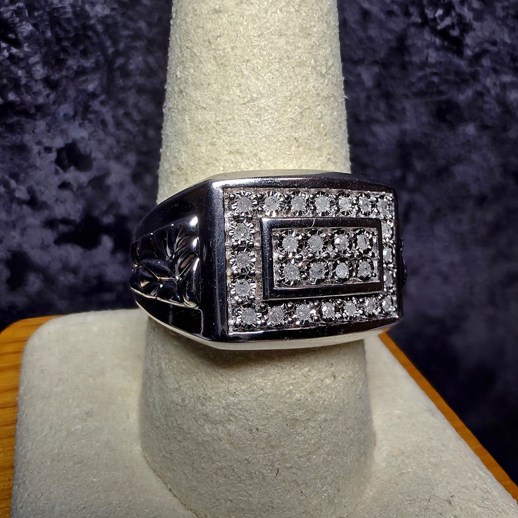 Men's 0.15 CTW Natural Diamond Signet Ring 925 Sterling Silver Band Size 10