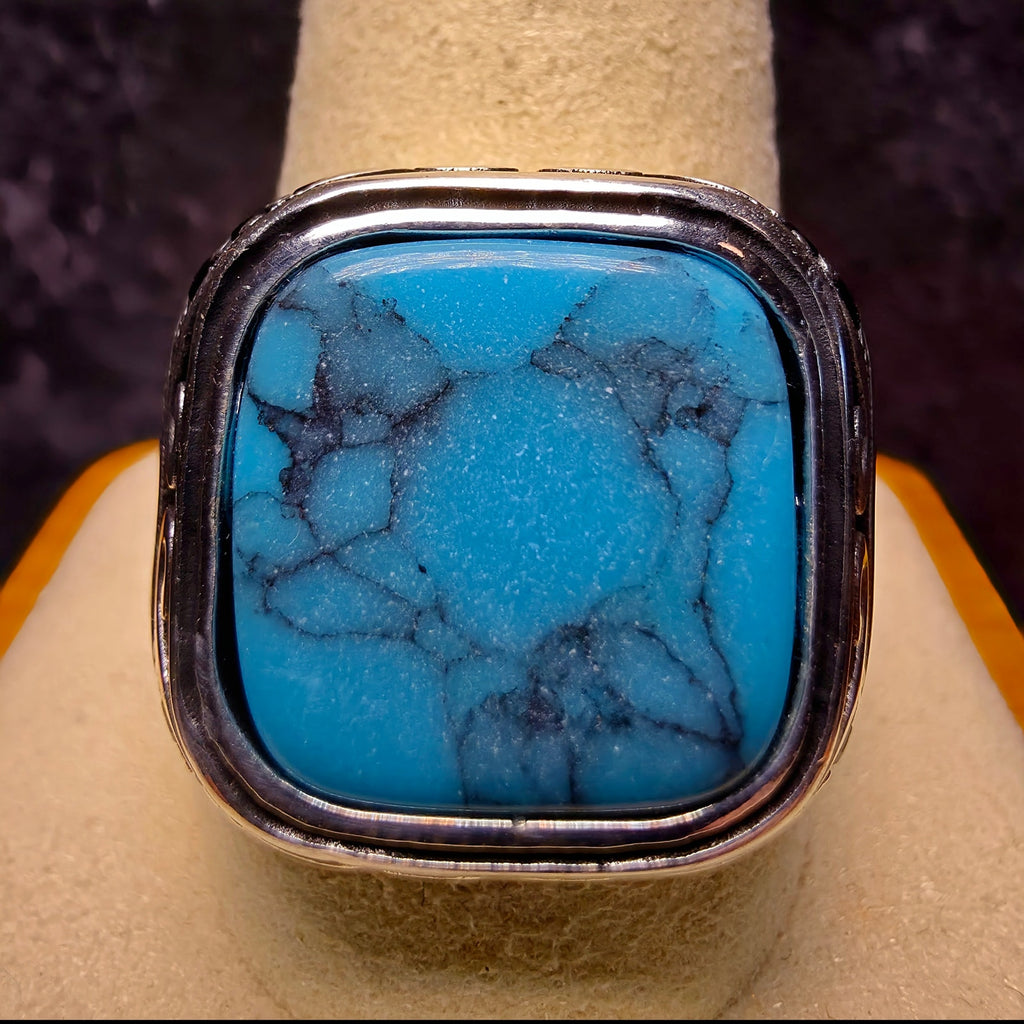 925 Sterling Silver Turquoise Signet Men's Ring – Crescent & Star Motif (Size 9.5) 12g