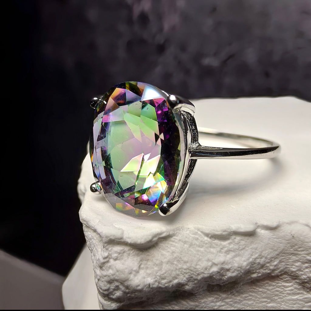 Genuine Oval Mystic Topaz Solitaire Ring in 925 Sterling Silver – Size 8