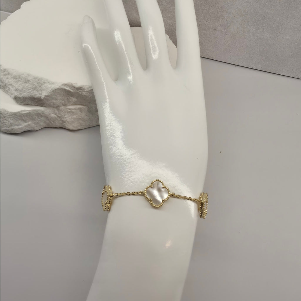 7+1" 12mm Mother of Pearl 5-Motif Clover Bracelet Gold Plated 925 Silver