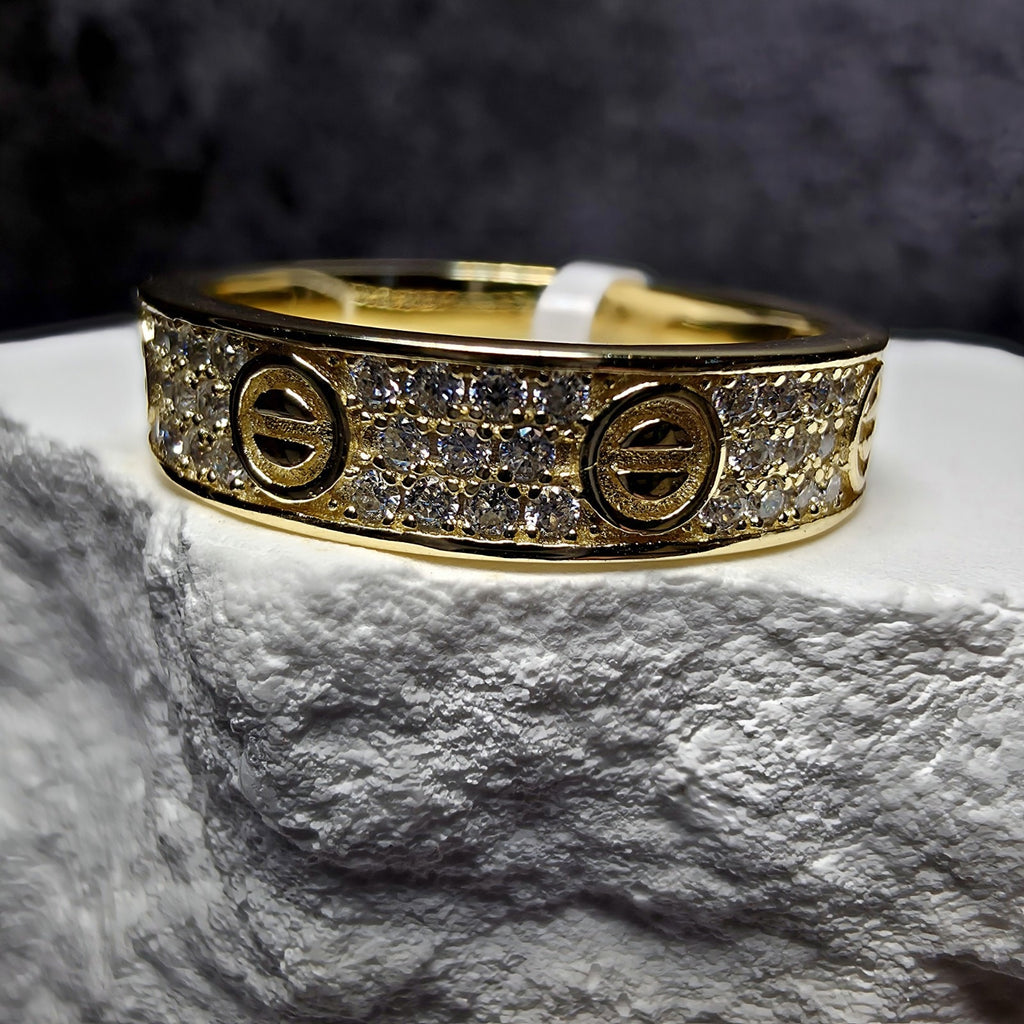 0.71 CTW Moissanite Pavé & Screw Motif Band Ring - Gold Over Silver Size 8