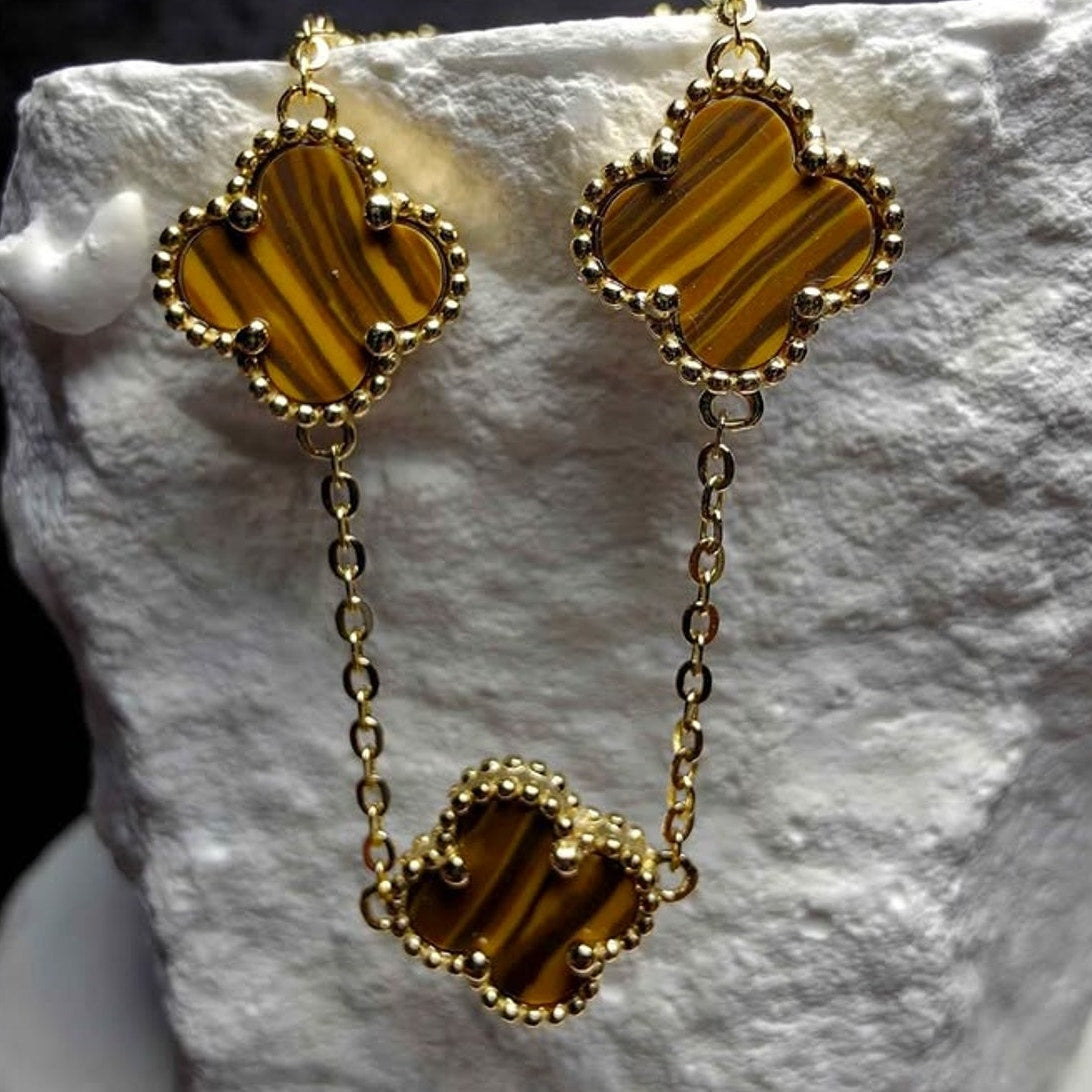 7+1" Genuine Tiger's Eye Clover Bracelet | Gold over 925 Sterling Silver