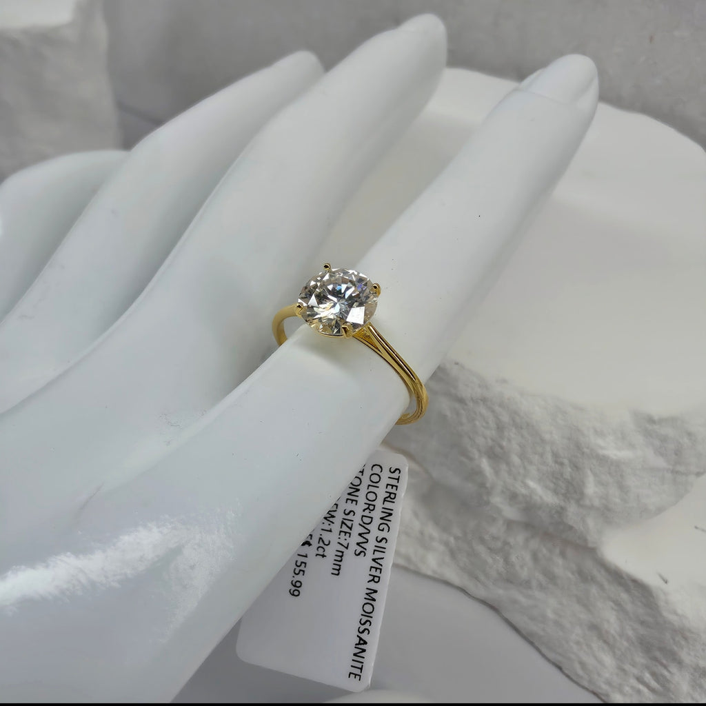 Sz 6 1.2ct 7mm D VVS Moissanite Solitaire Ring Gold over 925 Sterling Silver