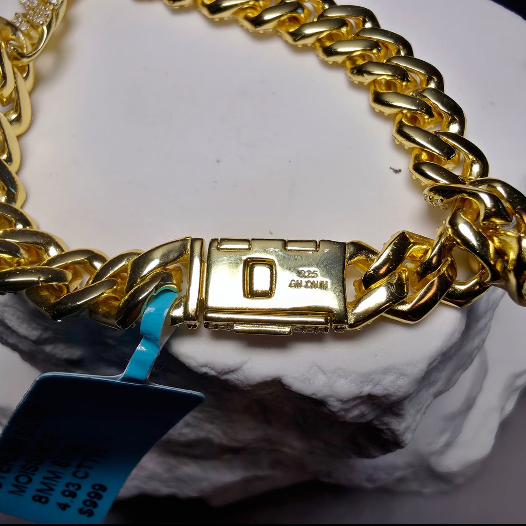 8mm Moissanite Monaco Cuban Bracelet in Gold Over Silver (4.93 CTW, 8", 23.09g)