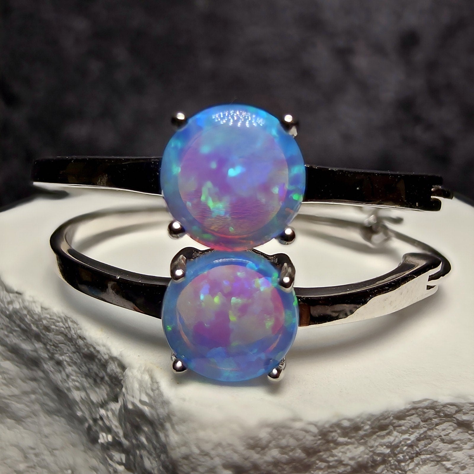 925 Sterling Silver Blue Lab Opal Round Hoop Earrings