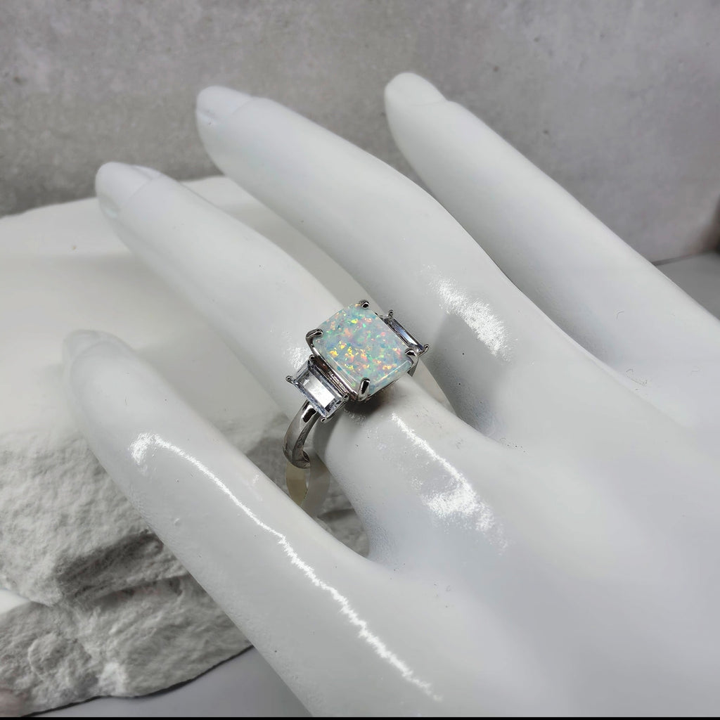 Size 6 White Fire Opal w/CZ Baguette Accents Ring 925 Sterling Silver