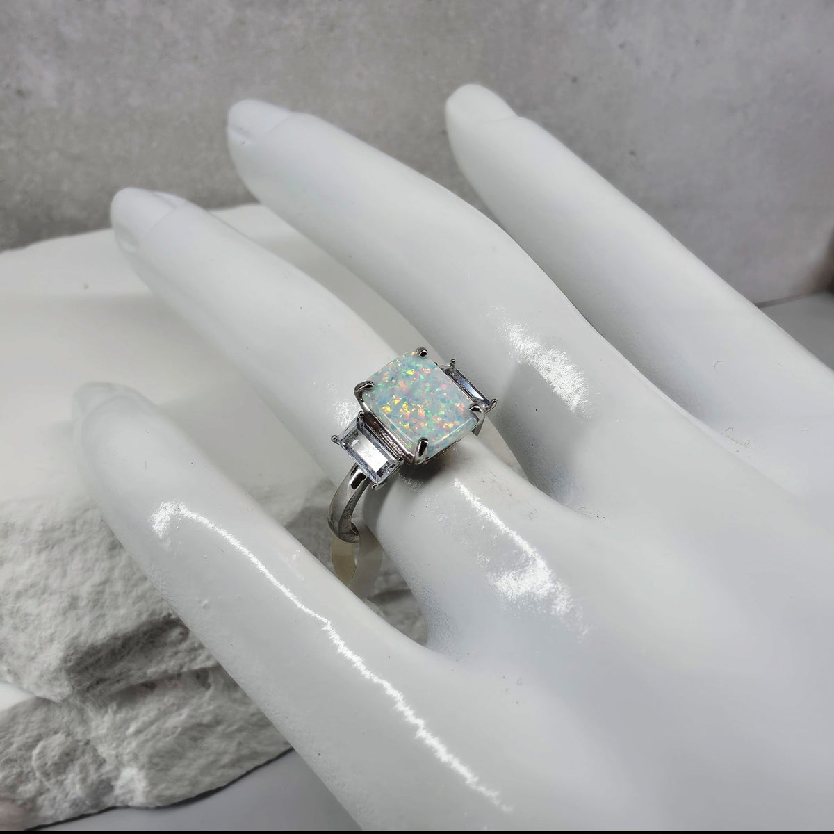 Size 6 White Fire Opal w/CZ Baguette Accents Ring 925 Sterling Silver
