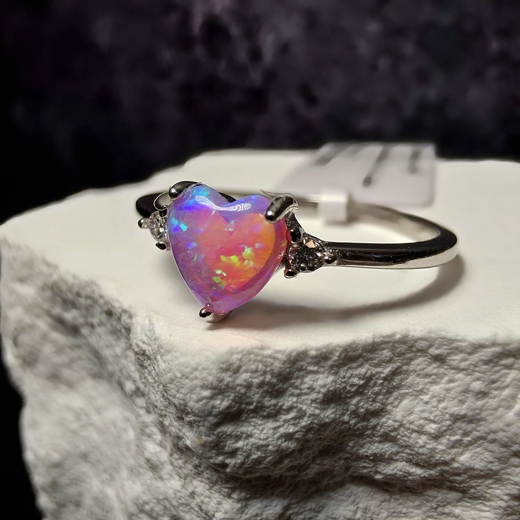 Sterling Silver Heart-Cut Lab Created Pink Opal & Moissanite Ring (Size 8)