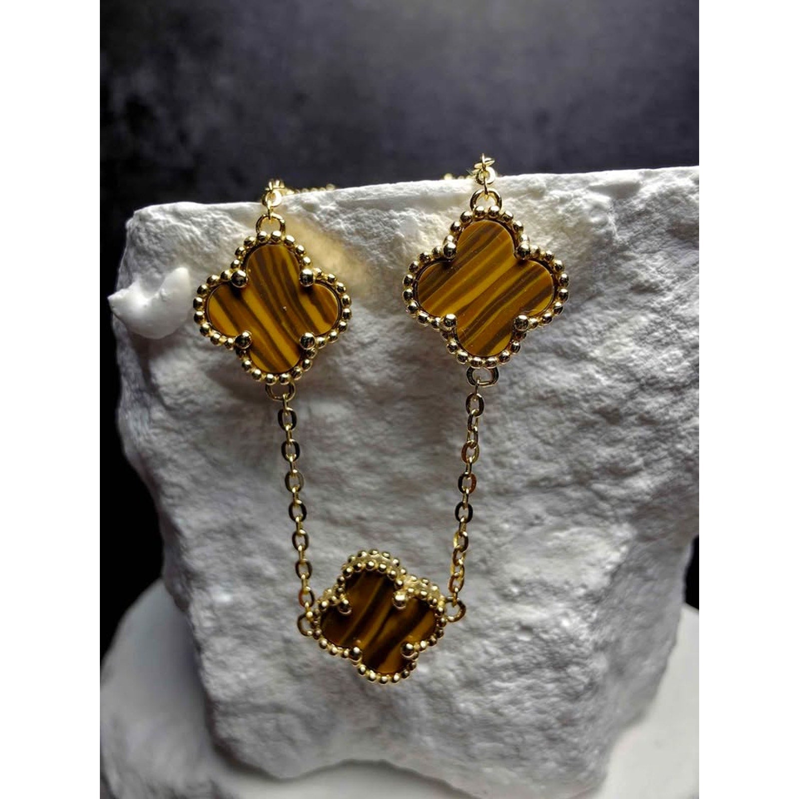7+1" Genuine Tigers Eye Clover Bracelet Gold over Solid 925 Sterling Silver