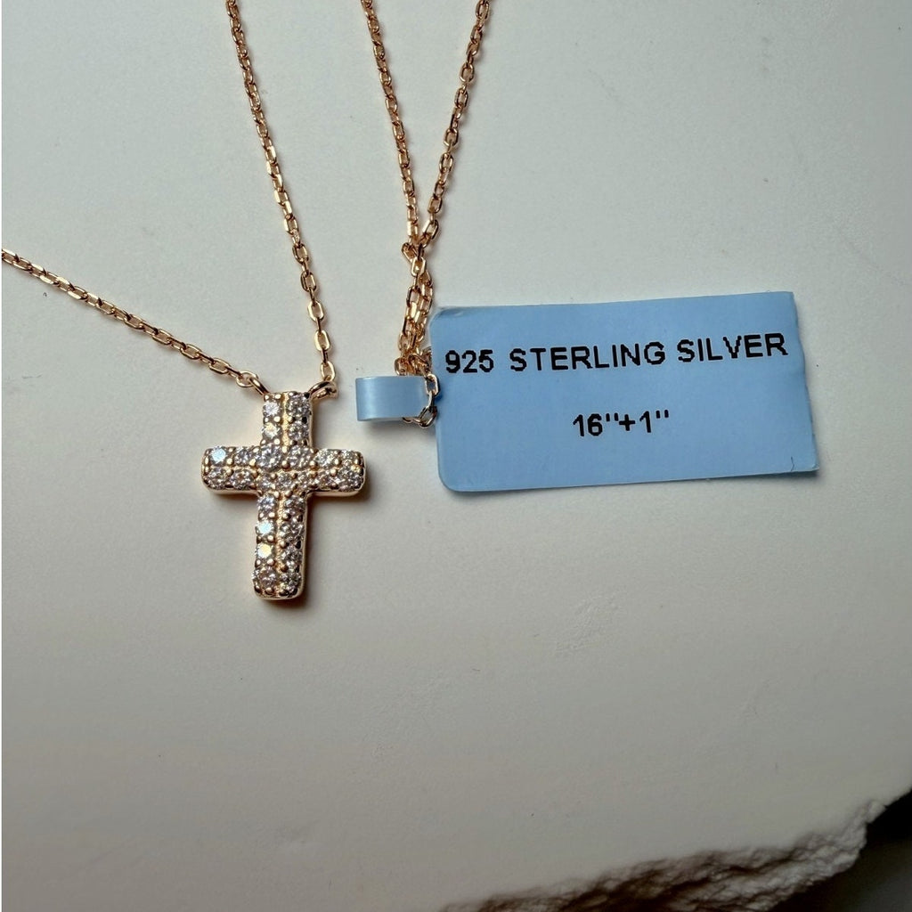 16+1" 0.25ctw VVS Moissanite Rose Gold Cross Necklace 925 Sterling Silver