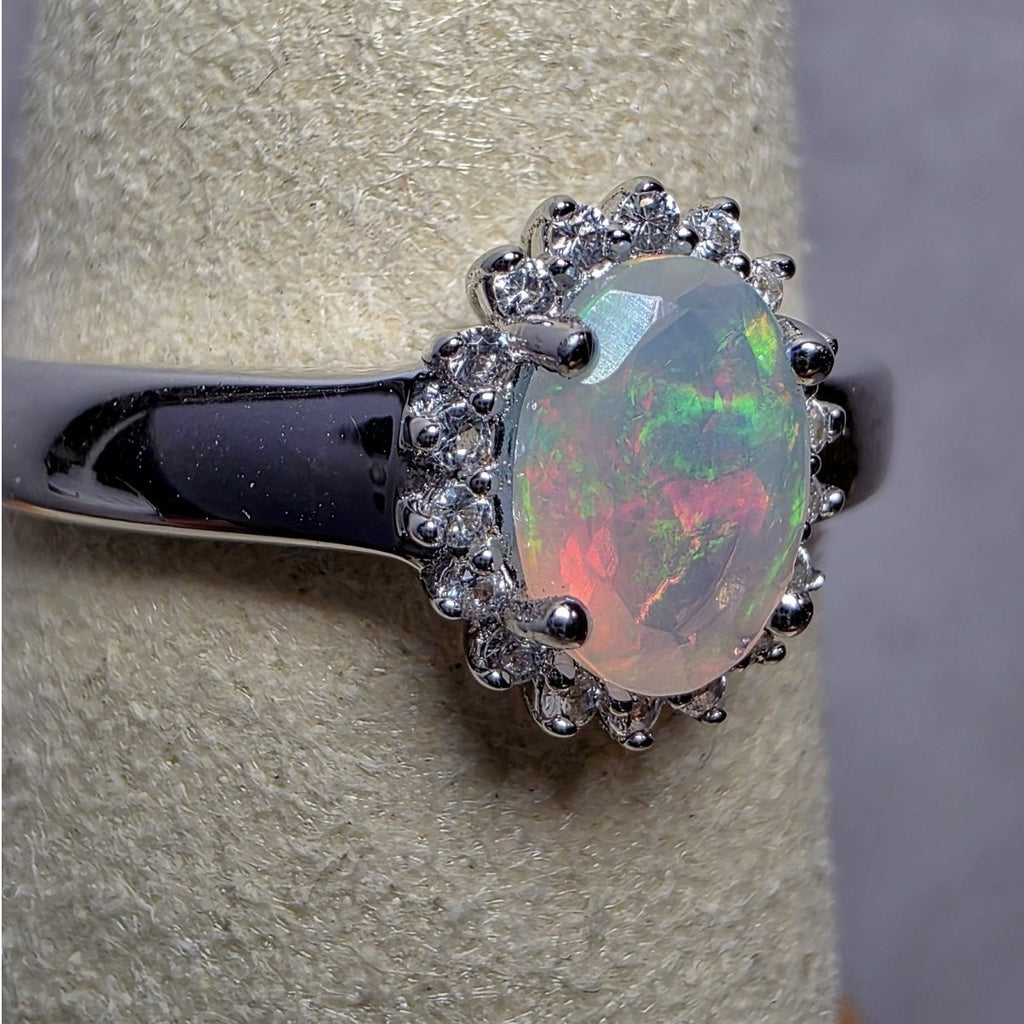 Size 7 Natural Ethiopian Opal 0.46ct Moissanite Halo Ring 925 Sterling Silver
