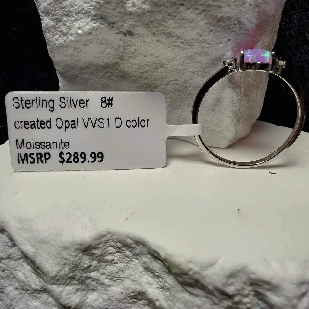 Sterling Silver Heart-Cut Lab Created Pink Opal & Moissanite Ring (Size 8)