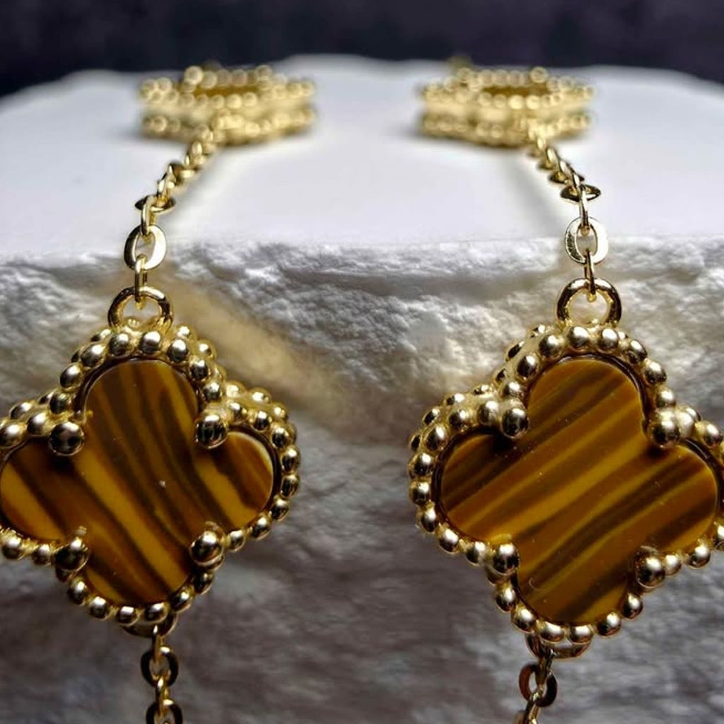 7+1" Genuine Tiger's Eye Clover Bracelet | Gold over 925 Sterling Silver