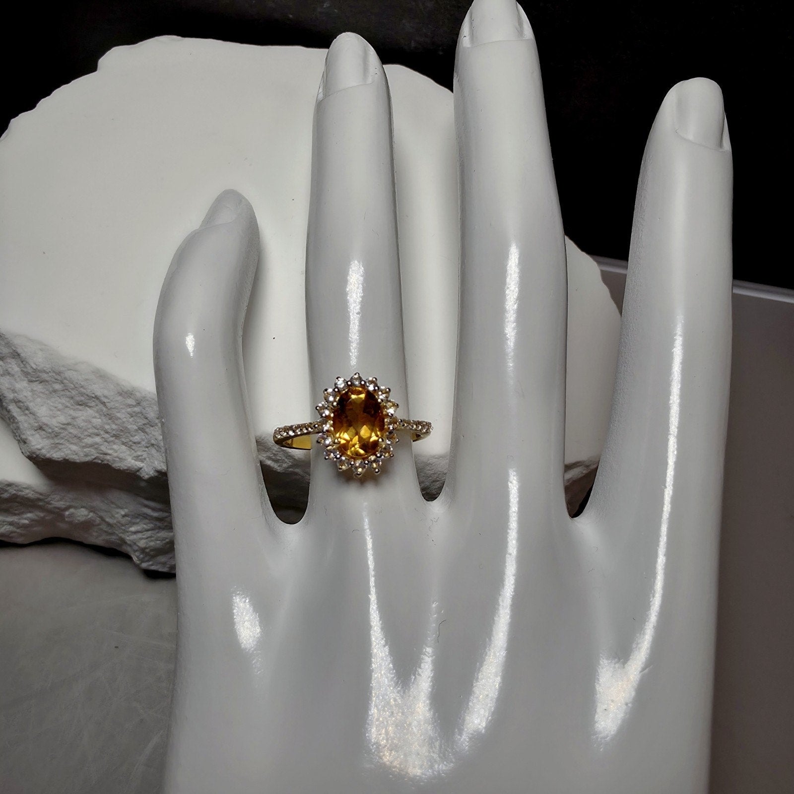 1.09 CT Oval Natural Citrine & White Topaz Halo Ring in Gold over Silver Size 7