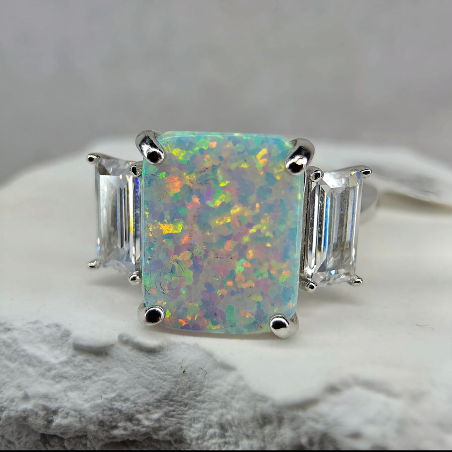 Size 6 White Fire Opal w/CZ Baguette Accents Ring 925 Sterling Silver