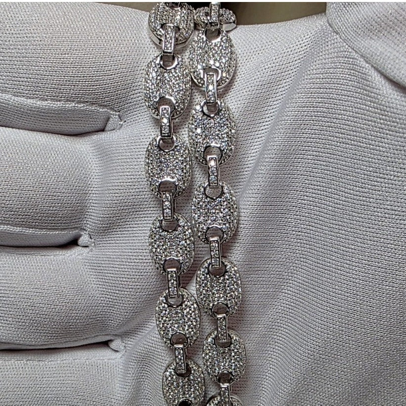 24" GRA Certified Moissanite Puffed Mariner Chain 8mm 52.5g 925 Silver 11.25ct